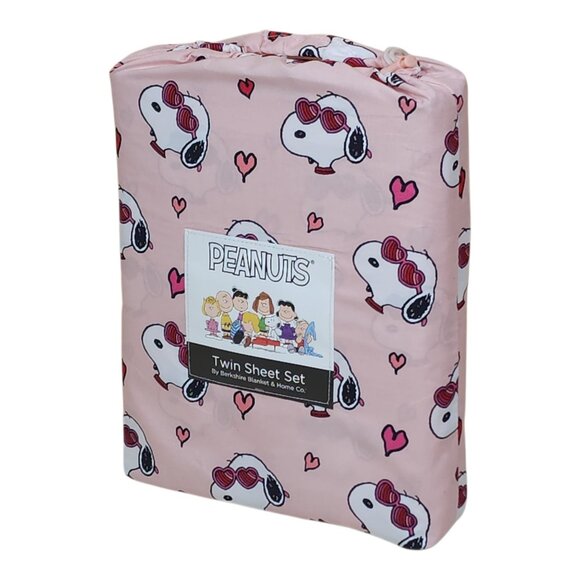 Peanuts Snoopy Twin Sheet Set Pink Hearts By Berkshire Valentines Day Glasses - Picture 2 of 8